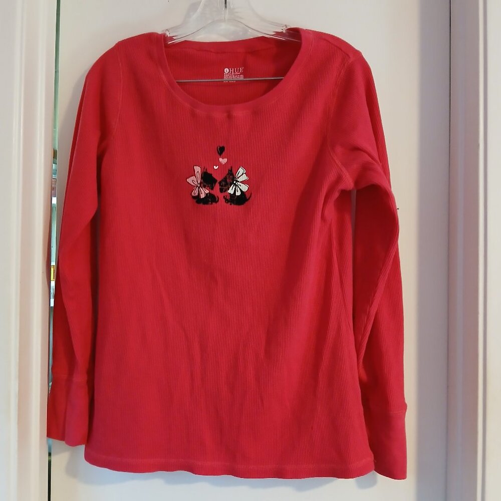 Hue Women's Red Long Sleeve Waffle Knit Scottie Dog Print Top